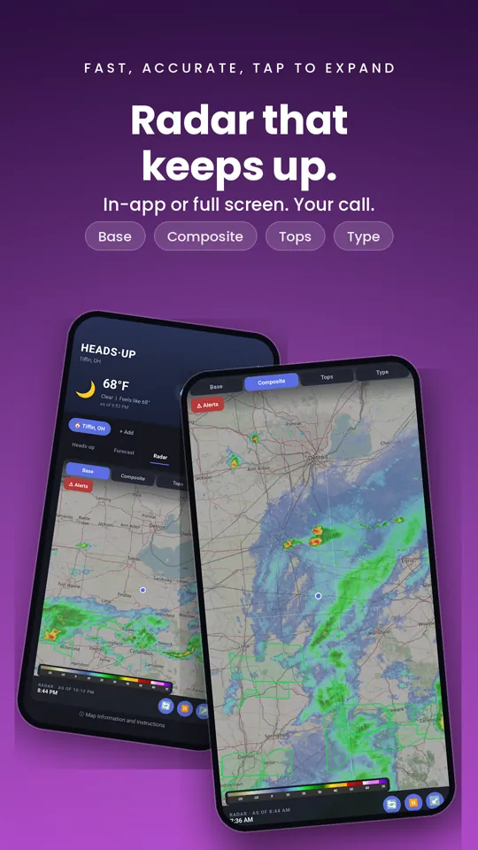 Animated NOAA radar over Ohio and Michigan in base and composite modes, in-app and full screen.