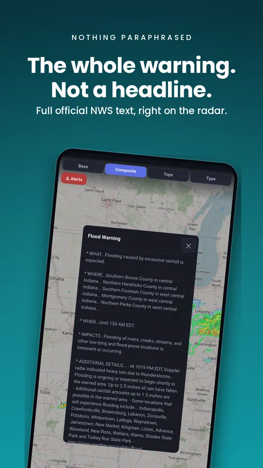 A flood warning opened on the radar map showing the full official National Weather Service text, including what, where, when, and impacts.
