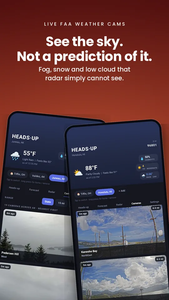 The Cameras tab showing live FAA weather camera images near Juneau, Alaska and Honolulu, Hawaii.