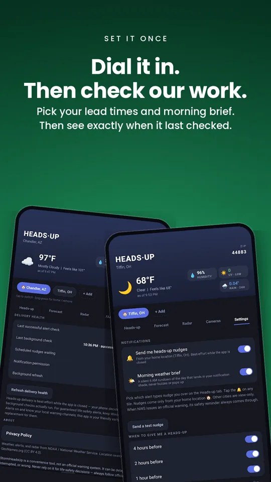 Settings showing notification toggles, lead time choices of four, two, and one hour, and a delivery health panel listing the last successful alert check.